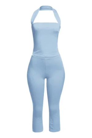 Solid Color Halter Neck Top And pants Set