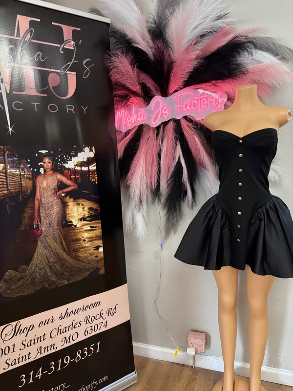 Kaden Black Drop Waist Mini Puffy Dress