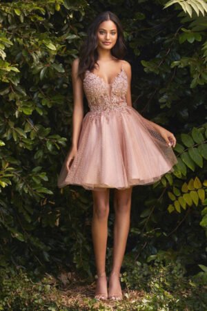 3D Floral Applique Embellished Glitter Mesh Sweetheart Short Homecoming Dress GLGS1995 (Copy)