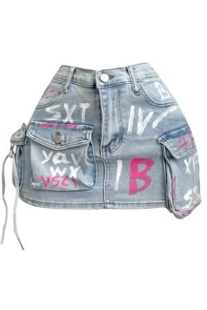 Graffiti Paint Cargo Denim Mini Skirt
