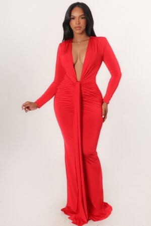 Plunge V-neck Long Sleeve Maxi Dress