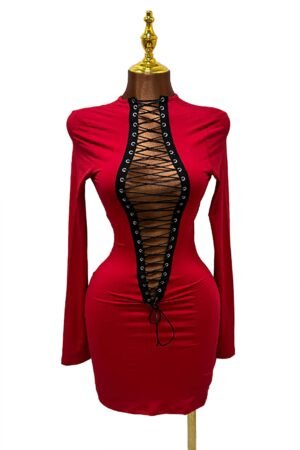 Lace up detailed long sleeve mini dress