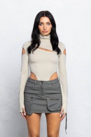 Front slit and cold shoulder mock neck bodysuits