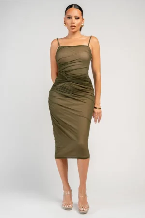 Ruched Mesh Midi Dress