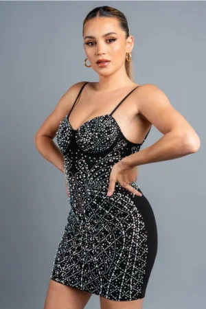 LUXE Techno Crepe Sweetheart Rhinestone Embellished Sleeveless Bodycon Mini Dress