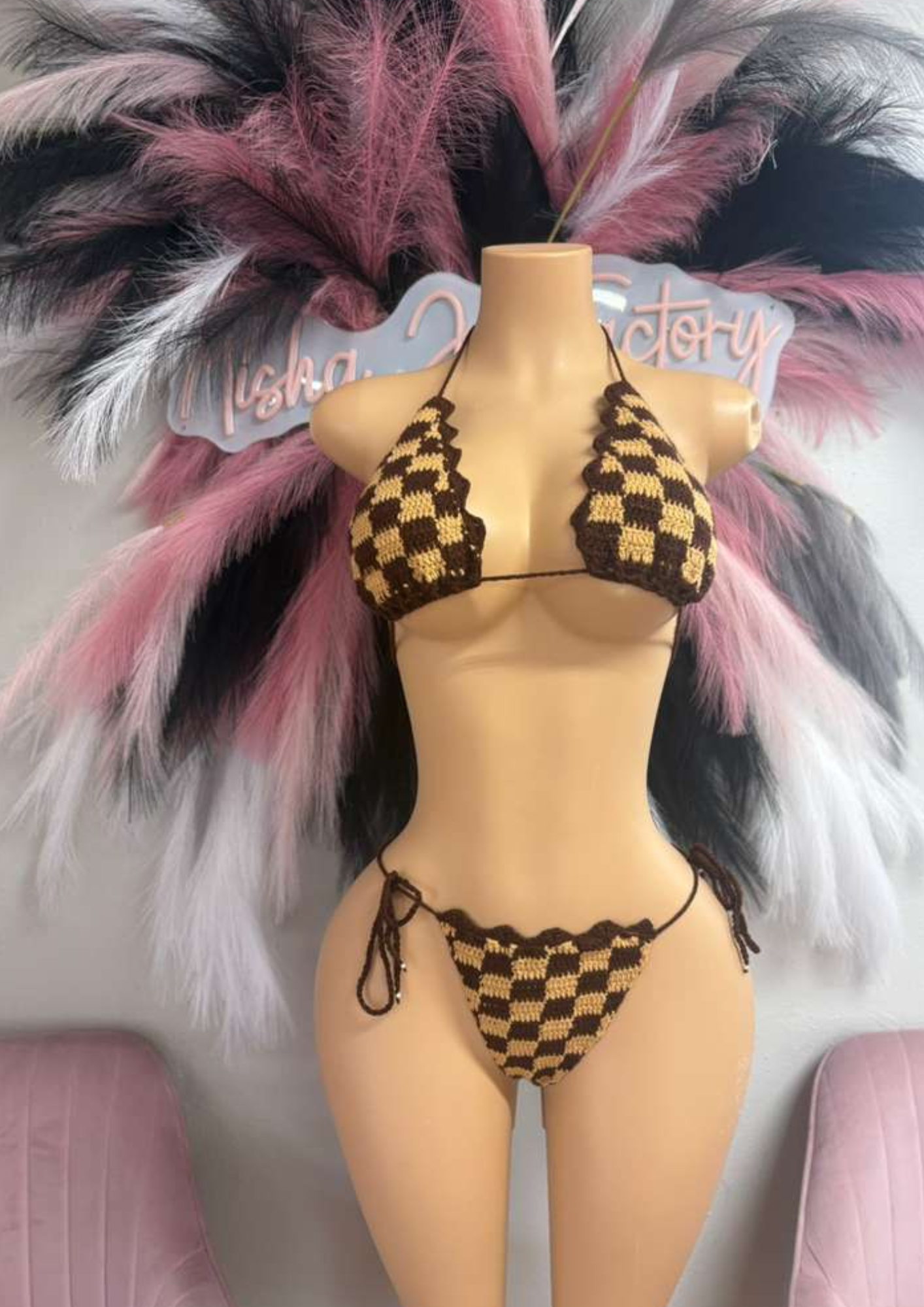 Mocha Check Crochet Bikini