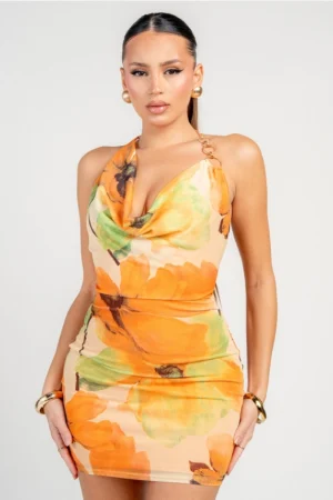 Halter Cowl Neck Mini Dress