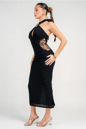 Pattern Knit with Trim Cowl Neck & Side Spaghetti Ring Detail Midi Dress