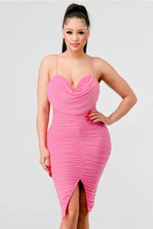 LUXE Mesh Sweetheart Cowl Back Mini Dress